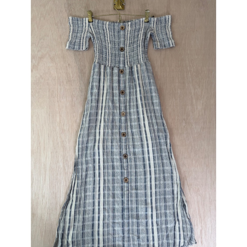 Blue White Striped Off Shoulder Smocked Maxi Dress Short Sleeve Button Front
